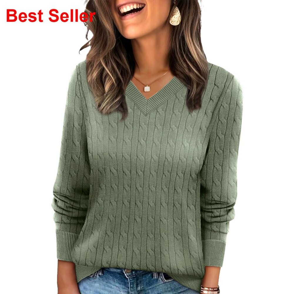 V-Neck Cable Knit Sweater, Soft Lightweight, Business Casual Teacher Outfit